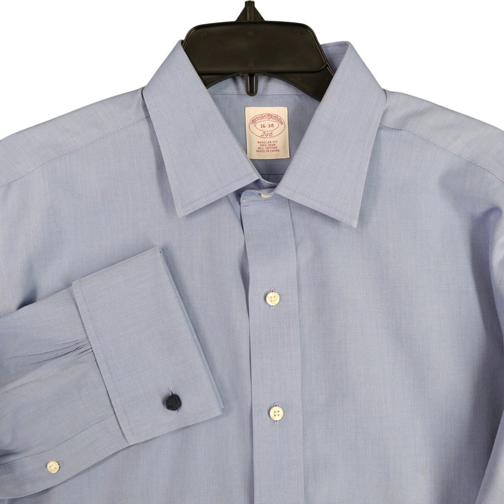 Brooks Brothers 346 Dress Shirt 16 34 Blue Non Iron Cotton French Cuff Business